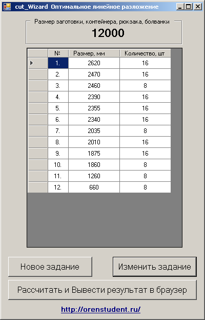 Интерфейс триал-версии программы-калькулятора линейного раскроя